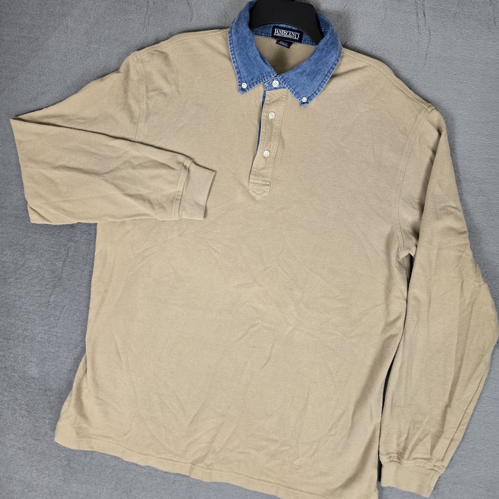 Vintage Lands End Polo Shirt Men XL Tan Denim Trim Collar Long Sleeve Cotton 90s